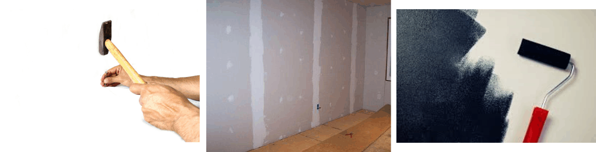 hammer, drywall, and paint roller